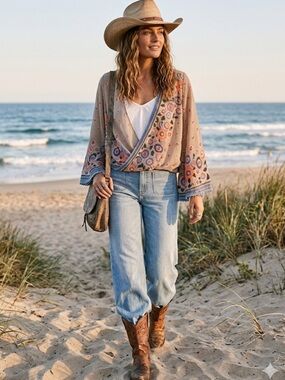 Moon Collections Boho Sheer Floral Faux Wrap Blouse Bell Sleeves Size L